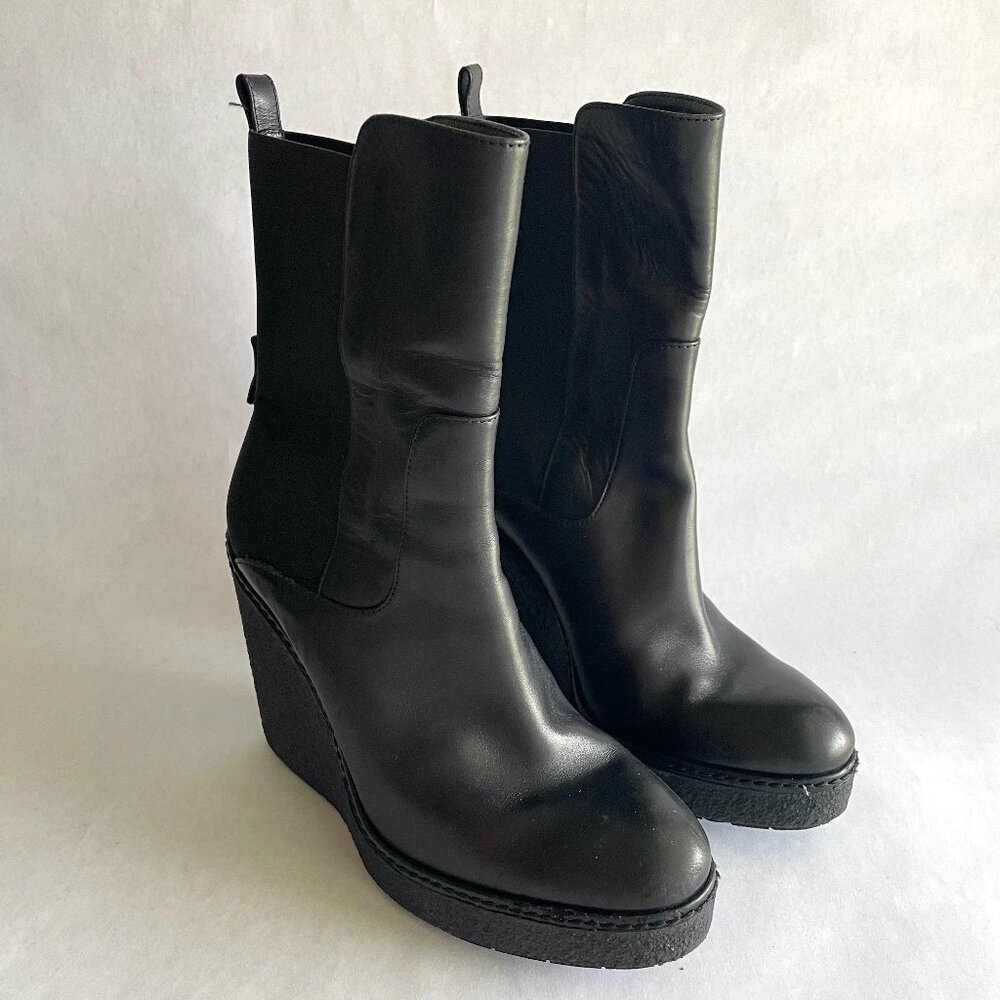 Moncler Women's Black Leather Wedge Ankle Boots Size 37 / US 6.5